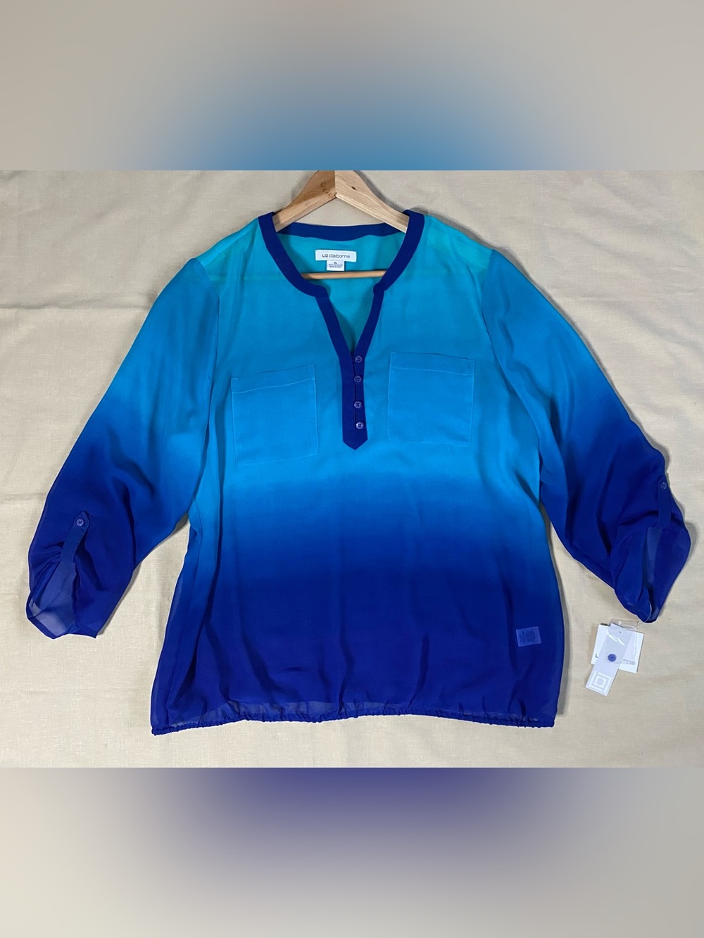 Liz Claiborne Blue Teal Ombre Henley Blouse Women's XL NWT